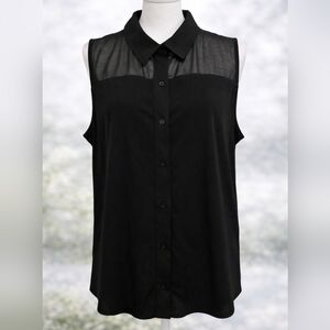 DKNY Sleeveless collared button-down Blouse sheer upper panel Size XL